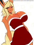 anthro big_breasts biped blonde_hair breasts christmas_clothing christmas_gloves christmas_handwear cleavage clothed clothing female gloves hair handwear holidays huge_breasts pokemorph red_clothing red_gloves red_handwear smile solo text sagestrike2 christmas nintendo pokemon eeveelution flareon generation_1_pokemon pokemon_(species) 2024 3:4 hi_res url