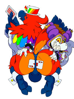 ace_of_hearts anthro backsack balls beak big_butt bracelet bulge butt card claws clothing convenient_censorship duo feathers femboy fool's_hat genitals hat headgear headwear jewelry kneeling larger_anthro larger_male looking_at_viewer looking_back male male/male markings multicolored_body multicolored_feathers muscular muscular_anthro muscular_femboy muscular_male playing_card presenting rainbow_body rainbow_feathers raised_tail red_body red_eyes red_feathers scales sharp_teeth size_difference smaller_anthro smaller_male smile smiling_at_viewer smirk smirking_at_viewer speedo spiked_bracelet spikes spread_butt spreading star_(marking) swimwear tail teeth thick_thighs top_hat white_body white_scales wide_hips yellow_sclera spacedog kings_of_hell phenex_(kings_of_hell) superbia_(kings_of_hell) avian demon imp kobold scalie 3:4 hi_res