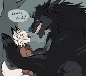anthro arm_scar aroused aroused_by_another aroused_face aroused_male aroused_smile back_scar barazoku bedroom_eyes big_muscles big_pecs black_body black_fur black_mane blue_eyes blush blush_lines bodily_fluids claws clothed clothed_anthro clothed_male clothing cocky cocky_grin dialogue dominant dominant_anthro dominant_male duo eye_contact facial_scar fangs fangs_bared fierce fierce_expression flirting flirting_look forest forest_background fur grey_body grey_fur grin grinning_at_partner hoodie imminent_sex intimidation larger_anthro larger_male looking_at_another male male/male mane manly menacing_aura menancing muscular muscular_anthro muscular_arms muscular_male narrowed_eyes nature nature_background nude nude_anthro nude_male outside pecs pinned pinned_to_tree plant red_clothing red_hoodie red_sweater red_topwear scar seductive size_difference smaller_anthro smaller_male smile smirk smirking_at_another smirking_at_partner speech_bubble submissive submissive_anthro submissive_male sweat sweatdrop sweater taunting taunting_partner teasing teasing_partner teeth text thick_arms topwear tree white_body white_fur kotacat4 mythology canid canine mammal mythological_canine mythological_creature werecanid werecanine werecreature werewolf english_text hi_res