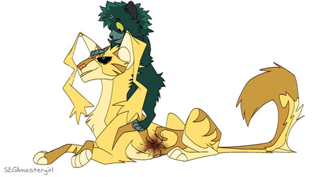 ambiguous_gender black_sclera blue_eyes duo feral feralized fluffy fluffy_tail fur green_body green_fur looking_down looking_up quadruped standing_on_shoulders stomach_wound tail yellow_body yellow_eyes yellow_fur young segamastergirl my_hero_academia warriors_(book_series) izuku_midoriya toshinori_yagi domestic_cat felid feline felis mammal crossover hi_res