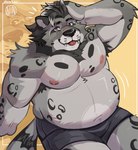 2024 anthro biped eye_scar facial_scar felid fur grey_body grey_eyes grey_fur hi_res male mammal muscular muscular_anthro muscular_male nipples onin4 overweight overweight_anthro overweight_male pantherine pink_nipples scar shirtless_anthro shirtless_male snow_leopard solo white_body white_fur