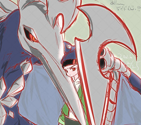 accessory anthro armor beak blade blue_hair duo feral hair headband male red_eyes tail tail_blade weapon_tail wings lpinoniql_pig bandai_namco digimon digimon_beatbreak raito_souda azhdarmon digimon_(species) human mammal scalie hi_res