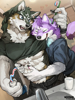 5_fingers abs annoyed anthro anthrofied bathroom biting_clothing blue_eyes bottomwear bracelet brush claws clothed clothing container cup duo dutch_angle ear_piercing ear_ring eyes_closed facial_piercing finger_claws fingers fur green_body green_fur hair heart_symbol holding_brush holding_object holding_toothbrush inside jewelry male neck_tuft nose_piercing nose_ring open_mouth pawpads piercing purple_body purple_fur raised_clothing raised_shirt raised_topwear ring_piercing shirt side_hug sink teeth text toothbrush toothpaste topwear tuft water white_body white_fur windwttom nintendo the_legend_of_zelda azzy_(xenonwolf) link_(wolf_form) canid canine canis domestic_dog husky mammal nordic_sled_dog spitz wolf 2025 artist_name digital_media_(artwork) hi_res