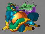 abdominal_bulge after_vore animal_mask anthro anthro_pred balls bdsm belly belly_grab big_balls big_belly big_penis blue_body bodily_fluids bodily_noises brown_body brown_fur burping burping_up_object churn claws clothing dialogue digestion digestion_noises digestion_sequence duo erection eyes_closed fatal_vore feet fur genital_fluids genitals green_hair hair head_tuft huge_penis humanoid_genitalia humanoid_penis leaking male male/male mane markings mask melting moobs muscular muscular_anthro muscular_male navel nipples nude onomatopoeia open_mouth oral_vore orange_body organs overweight overweight_anthro overweight_male paws penis petplay precum pup_mask puppyplay regurgitation roleplay rumbling_stomach saliva shirt simple_background slosh sloshing_belly smile solo solo_focus sound_effect_variant sound_effects speech_bubble spitting stomach stomach_acid tail tank_top text thick_penis thick_tail topwear tuft vein veiny_penis vore yellow_body veganlettuce capcom monster_hunter vegan_(character) fanged_wyvern mammal murid murine rat rodent scalie zinogre 2025 artist_name cel_shading colored digital_drawing_(artwork) digital_media_(artwork) english_text hi_res sequence shaded signature watermark