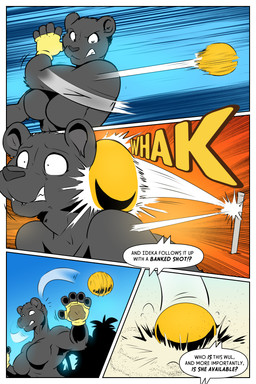 anthro clothed clothing commentary dazed dialogue duo female fingerless_gloves gloves handwear motion_blur motion_lines onomatopoeia sand sound_effects sport text topless volleyball rick_griffin sakitori felid mammal pantherine 2024 2:3 comic english_text hi_res