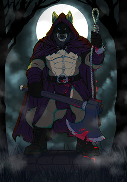 abs anthro armpit_hair axe beard belt black_mask blood blood_on_hand blood_splatter bodily_fluids body_hair boots cape clothed clothing dripping facial_hair fog foggy_background footwear forest forest_background front_view holding_object holding_weapon leather leather_boots leather_clothing leather_footwear looking_at_viewer male mask moon muscular muscular_anthro muscular_male mustache nature nature_background nipples outside pecs plant rope shoes smile solo tail tree weapon lupelongo mammal digital_media_(artwork) hi_res