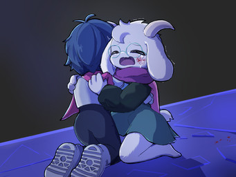 2_horns ambiguous_gender ambiguous_human anthro biped blood blood_on_face blood_on_ground blue_hair blush blush_lines bodily_fluids clothed clothing comforting comforting_another crying detailed_background duo eyes_closed eyewear floppy_ears fluffy footwear fur glasses hair head_tuft holding_another horn hug hugging_another kneeling male open_mouth scared scarf scut_tail shoes short_tail tail tears three-quarter_view tuft wearing_glasses white_body white_fur white_horn darumuru_0104 deltarune undertale_(series) kris_dreemurr ralsei bovid caprine darkner goat human mammal 2025 4:3 digital_drawing_(artwork) digital_media_(artwork) hi_res korean_description
