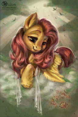 cloud feathered_wings feathers female feral fur green_eyes hair pink_hair sky smile solo sun wings yellow_body yellow_feathers yellow_fur lulemt friendship_is_magic hasbro my_little_pony mythology fluttershy_(mlp) avian bird equid equine mammal mythological_creature mythological_equine pegasus 2015 2:3 absurd_res full-length_portrait hi_res portrait