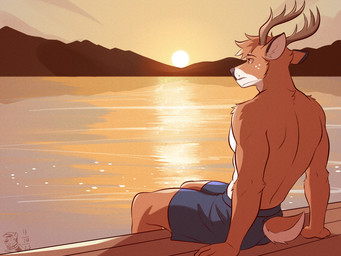 5_fingers anthro antlers black_nose bottomwear brown_body brown_fur clothed clothing fingers freckled_face freckles fur horn humanoid_hands lake male shorts sitting solo topless topless_anthro topless_male tuft water ventkazemaru deer mammal 4:3
