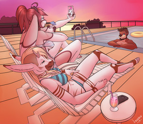 anthro antlers beverage bikini clothed clothing detailed_background electronics female group horn inflatable inner_tube male nipple_outline outside phone pool_toy selfie smile sunbathing sunset swimming_pool swimwear two-piece_swimsuit juxzebra antelope bovid equid equine gazelle hybrid jackalope lagomorph mammal mustelid otter zebra hi_res