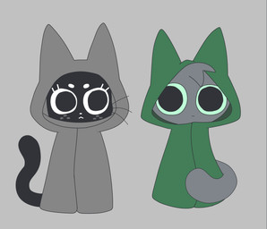 black_body black_tail cloak clothed clothing duo eyelashes green_clothing green_sclera grey_background grey_body grey_cloak grey_clothing grey_tail hood male round_eyes simple_background tail whiskers white_sclera gooblie_2 isaac_(gooblie_ii) that_one_gay_cat_that_tuggg_drew domestic_cat felid feline felis mammal absurd_res digital_media_(artwork) hi_res