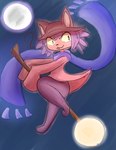 anthro broom broom_riding cleaning_tool clothing female flying hat headgear headwear light_bulb magic_user red_cloth solo witch demon3sigma oneshot niko_(oneshot) domestic_cat felid feline felis mammal absurd_res hi_res