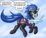 blue_body blue_feathers butt clothing comic dialogue english_text equid equine feathered_wings feathers female feral friendship_is_magic hasbro mammal my_little_pony mythological_creature mythological_equine mythology nightshade_(mlp) pegasus pluckyninja shadowbolts_(mlp) solo text tight_clothing wings
