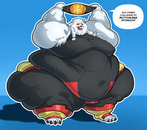 anthro belly big_belly black_sclera dialogue fur male moobs obese obese_male overweight overweight_male red_eyes solo text thick_thighs tongue tongue_out weight_gain white_body white_fur wide_hips aruberu image_comics invincible_(image_comics) thokk_(invincible) alien felid lion mammal pantherine hi_res