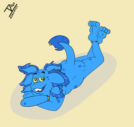anklet anthro blue_body blue_fur bracelet butt digit_ring ear_piercing feet fur furgonomic_piercing furgonomics green_eyes jewelry looking_at_viewer lying male nude on_front open_mouth open_smile piercing ring simple_background slightly_chubby smile soles solo tail tail_piercing teeth toe_ring toes aldenyates milo_axolotl amphibian aquatic axolotl mole_salamander salamander hi_res