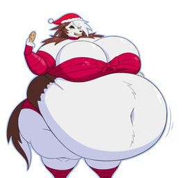 anthro arm_tuft arm_wraps belly belly_tuft big_belly big_breasts big_butt black_nose blue_outline bottomwear bow_ribbon breasts brown_body brown_fur brown_hair brown_tail butt christmas_clothing christmas_headwear clothing cookie eating eating_food eye_through_hair eyebrow_through_hair eyebrows female food fur hair hand_on_belly hat headgear headwear holding_cookie holding_food holding_object holidays huge_belly huge_breasts huge_butt hyper hyper_belly leg_wrap lidded_eyes looking_at_viewer midriff morbidly_obese morbidly_obese_anthro morbidly_obese_female multicolored_body multicolored_fur multicolored_hair navel obese obese_anthro obese_female open_mouth outline overweight overweight_anthro overweight_female santa_hat sharp_teeth shoulder_tuft simple_background solo standing tail teeth three-quarter_view topwear translucent translucent_hair tuft two_tone_body two_tone_fur two_tone_hair two_tone_tail white_background white_body white_fur white_hair white_tail wraps yellow_eyes mizz-britt christmas wolf_britt canid canine canis mammal wolf 2025 absurd_res digital_drawing_(artwork) digital_media_(artwork) hi_res