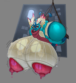 anthro areola arms_tied big_areola big_breasts big_butt big_nipples bodily_fluids boots bound breasts butt clothing ear_piercing female footwear horn huge_breasts huge_butt hyper hyper_breasts hyper_butt looking_at_viewer multicolored_body nipples nude piercing red_areola red_eyes red_nipples scarf shoes smile solo sweat sweaty_breasts tongue tongue_out two_tone_body daeriusus kobold scalie hi_res