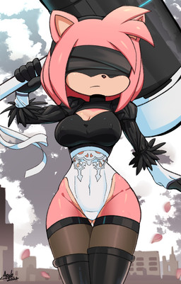 accessory anthro big_breasts blindfold breasts cleavage cleavage_cutout clothed clothing cosplay crossover_cosplay cutout female hair_accessory hairband hammer legwear leotard nipple_outline puffy_sleeves solo thick_thighs thigh_gap thigh_highs tools weapon wide_hips aonoexorcist100 nier_automata platinumgames sega sonic_the_hedgehog_(series) amy_rose yorha_2b eulipotyphlan hedgehog mammal crossover hi_res