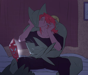 anthro bed bottomwear clothed clothing cuddling curtains duo ear_piercing ear_stud electronics eyes_closed fully_clothed furniture hair holding_from_behind hug hugging_another hugging_from_behind in_the_dark kiss_on_forehead kissing long_hair male male/male on_bed painting_(object) pants phone piercing screen_light shirt sitting sitting_between_legs sitting_on_bed spread_legs spreading topwear laiweitui nintendo pokemon a_mu_(laiweitui) fang_yuan_(laiweitui) pokemon_trainer generation_3_pokemon human mammal pokemon_(species) reptile scalie sceptile hi_res
