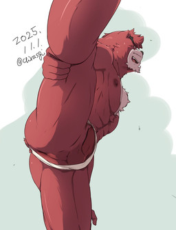 abs anthro anus balls barazoku black_eyebrows butt chest_tuft clothing erection eyebrows fur fur_tuft genitals male male_anthro nipples open_mouth pecs penis perineum teeth tongue tuft underwear chirasgi the_boy_and_the_beast kumatetsu bear mammal 2025 dated hi_res
