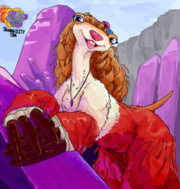 anthro biped claws crystal eyelashes female fur hair jewelry long_hair looking_at_viewer meteor necklace nude open_mouth outside red_body red_fur smile solo standing thick_thighs tongue tongue_out white_body white_fur wide_hips tranquility_tom blue_sky_studios ice_age_(series) brooke_(ice_age) ground_sloth mammal pilosan prehistoric_species sloth xenarthran 2026 digital_drawing_(artwork) digital_media_(artwork) hi_res unavailable_at_source