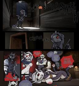 angry anthro anthro_on_anthro areola big_areola big_breasts big_nipples bound breasts butt clothed clothing dialogue duo female fur genitals grey_body grey_fur male male/female nipples nude text vulva wolfinasuit hellaverse helluva_boss mihoyo mythology zenless_zone_zero loona_(helluva_boss) von_lycaon canid canid_demon canine canis demon hellhound mammal mythological_canine mythological_creature wolf 2026 absurd_res comic english_text hi_res