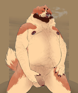 anthro balls beard bodily_fluids body_hair chest_hair dripping drugs ear_piercing ear_ring erection facial_hair facial_piercing foreskin front_view genital_fluids genitals hand_on_hip holding_penis humanoid_genitalia humanoid_penis kneeling looking_at_viewer male male_anthro marijuana neck_tuft nipple_piercing nipple_ring nipples nose_piercing nose_ring nude nude_anthro nude_male overweight overweight_anthro overweight_male penis piercing precum precum_drip ring_piercing simple_background smoke smoke_from_nose smoking smoking_marijuana solo tail tuft chubchow canid canine canis domestic_dog mammal molosser mountain_dog saint_bernard 2022 absurd_res hi_res