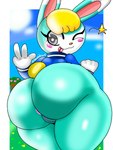 3:4 animal_crossing anthro anus big_butt blazedscarf bottomless butt clothed clothing crossgender digital_media_(artwork) female genitals hi_res huge_butt huge_thighs lagomorph leporid mammal mtf_crossgender nintendo one_eye_closed pussy rabbit sasha_(animal_crossing) shaded short_stack solo thick_thighs wide_hips wink