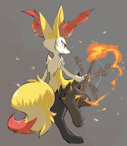 3_fingers 3_toes ambiguous_gender arm_tuft black_nose dipstick_tail feet fingers fire fur grey_background inner_ear_fluff looking_away markings on_one_leg orange_body orange_eyes orange_fur rear_view semi-anthro shoulder_tuft simple_background smile solo spinning_object standing stick tail tail_markings toes tuft yellow_body sukasshu_(mroooo) nintendo pokemon braixen canid canine fox generation_6_pokemon mammal pokemon_(species) hi_res