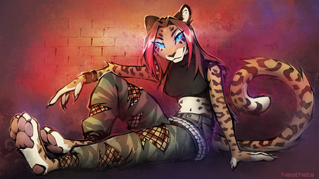 4_toes anthro barefoot biped bottomwear breasts claws clothed clothed_anthro clothed_female clothing feet female finger_claws fingers front_view fully_clothed fully_clothed_anthro fully_clothed_female fur hair looking_at_viewer navel pants pawpads paws sitting smile soles solo spots tail toe_claws toes topwear neotheta felid leopard mammal pantherine 16:9 2026 digital_drawing_(artwork) digital_media_(artwork) hi_res widescreen
