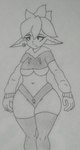 breasts clothing ear_piercing ears_down female greenskin hair long_ears navel piercing pivoted_ears sharp_teeth short_stack solo spiky_hair teeth thick_thighs under_boob underwear wide_hips lizardman22 meme_clothing paggi_outfit max_the_goblin goblin goblinoid humanoid hi_res meme monochrome sketch