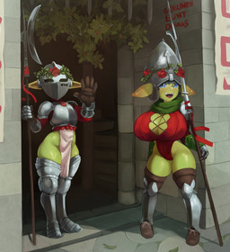 big_breasts blue_eyes breasts cleavage clothed clothing duo female gesture green_body green_skin huge_breasts humanoid_pointy_ears looking_at_viewer not_furry open_mouth open_smile outside pelvic_curtain pointy_ears smile smiling_at_viewer standing waving cranihum iilsa_(cranihum) tani_(cranihum) goblin humanoid absurd_res hi_res