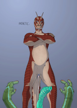 after_sex ambiguous_gender animal_genitalia antennae_(anatomy) anthro blue_cloaca blue_eyes bodily_fluids cloaca crossed_arms cum cum_in_cloaca cum_inflation cum_inside cum_on_penis duo facial_stripes genital_fluids genitals inflation male male/ambiguous offscreen_male orange_teeth penis red_body red_scales red_skin scales scuted_arms scuted_legs scutes simple_background tail_spines tan_body tan_skin teeth text tremble_lines ramul alien serkanian absurd_res english_text hi_res