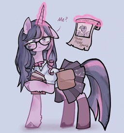 blush bodily_fluids book bottomwear clothing eyewear female feral glasses horn inner_ear_fluff legwear magic poster saddle_bag simple_background skirt solo stockings sweat sweatdrop telekinesis tuft petaltwinkle friendship_is_magic hasbro my_little_pony mythology twilight_sparkle_(mlp) equid equine mammal mythological_creature mythological_equine unicorn hi_res