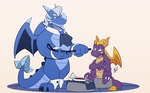 anthro blue_body bowl container cutlery duo feral holding_object horn kitchen_utensils male purple_body simple_background sitting spoon standing tail tools wings hikazedragon activision mythology spyro_the_dragon noel_(hikazedragon) spyro dragon mythological_creature mythological_scalie scalie hi_res