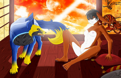 anthro breasts duo female feral fur genitals inside male nipples nude pillow quadruped scared snarling spread_legs spreading sunset tail tassels vulva wall_art yellow_body yellow_fur rafflone canid canine canis lagomorph leporid mammal rabbit wolf 2010 digital_media_(artwork) full-length_portrait portrait