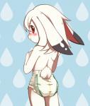 2016 ambiguous_gender anthro blush clean_diaper clothed clothing diaper diaper_only fur furgonomics hair kemono lagomorph leporid looking_at_viewer looking_back mammal pattern_background rabbit red_eyes simple_background solo standing teardrop_pattern topless unrealplace wearing_diaper wetness_indicator white_body white_fur white_hair wusagi_(unrealplace) young young_anthro