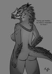 anthro beak big_breasts breasts butt feathers female harness horn nipples rear_view simple_background solo tail text foxy_concept capcom monster_hunter mythology avian bird dinosaur dragon mythological_creature mythological_scalie prehistoric_species reptile scalie seikret wild_ride hi_res