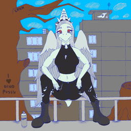 anthro black_bottomwear black_clothing black_crop_top black_pants black_shirt black_topwear bone bottomwear breasts building cigarette clothing cloud crop_top day elbow_feathers feathered_wings feathers female fingers front_view grey_body grey_feathers grey_hair hair half-closed_eyes heart_symbol humanoid_hands jewelry long_hair looking_at_viewer medium_breasts narrowed_eyes navel necklace non-mammal_navel outside paint pants plant shirt sitting skull smile smoke smoking smoking_cigarette solo spray_paint spread_legs spreading text topwear torn_bottomwear torn_clothing torn_pants tree wings lorikani cavemanon_studios goodbye_volcano_high ko_op_(game_developer) snoot_game fang_(gvh) prehistoric_species pterosaur reptile scalie 1:1 artist_name colored english_text full-length_portrait portrait russian_text translated