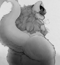 anthro big_butt blush blush_lines breath butt butt_focus claws eyelashes female fur glare horn looking_at_viewer looking_down looking_down_at_viewer low-angle_view narrowed_eyes raised_tail rear_view simple_background solo tail tail_tuft text thick_thighs tuft reskaro reskaro_kern_(reskaro) unknown_species artist_name greyscale hi_res monochrome shaded