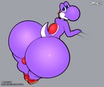 absurd_res anthro big_butt bubble_butt butt clothed clothing digital_media_(artwork) dinosaur footwear hi_res huge_butt looking_at_viewer looking_back male mario_bros nintendo purple_body purple_yoshi reptile scalie shell shoes simple_background solo spaca text url yoshi