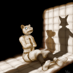 ankle_cuffs anthro asylum bdsm black_background blue_eyes bondage bound brown_collar clothed clothed_anthro clothed_male clothing collar cuff_(restraint) fullbody_straitjacket fully_clothed fully_clothed_anthro fully_clothed_male gag gagged gimp_mask male male_anthro mask medical medical_restraints padded_room padded_walls restraints shadow simple_background sitting solo straitjacket submissive submissive_anthro submissive_male wearing_mask suule felid mammal pantherine tiger 1:1 2025 hi_res