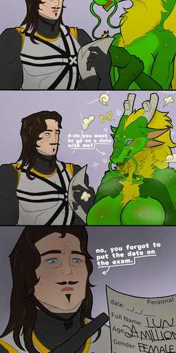 4_ears anthro anthro_transformation armor blonde_eyebrows blonde_mane blue_eyes blue_sclera blush bodily_fluids body_transformation breastplate breasts brown_eyebrows brown_facial_hair brown_goatee brown_hair brown_mustache clothing dialogue duo eyebrows facial_hair female feral feral_to_anthro fur goatee green_body grey_horn hair horn knight long_hair male mane multi_ear mustache nervous open_mouth purple_background red_eyes red_mouth simple_background tears transformation warrior white_background white_sclera yellow_body yellow_eyes yellow_fur johnn_lima mythology lun_(johnn_lima) dragon eastern_dragon furred_dragon furred_scalie human mammal mythological_creature mythological_scalie scalie absurd_res comic hi_res