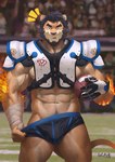 abs american_football anthro arm_wraps beard biceps black_clothing black_hair black_underwear bottomwear chest_tuft clothing facial_hair fire flaming_hair football_field football_pants football_player football_uniform fur gloves hair handwear male muscular muscular_anthro muscular_arms muscular_male obliques orange_body orange_fur pants pseudo_hair pulling_pants_down red_eyes solo sport stadium surprised_expression text tuft underwear vein veiny_muscles wraps thebloodsouls alcander_(wakatanka4) felid lion mammal pantherine 2020 absurd_res chinese_text hi_res signature