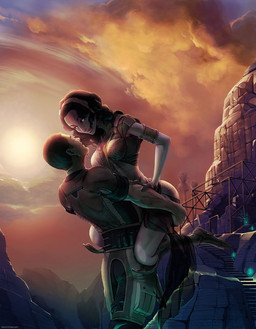 3_fingers clothing detailed_background duo female fingers hair male not_furry outside plant ruins sky smile suit sunset tree ghostfire bioware electronic_arts mass_effect commander_shepard tali'zorah alien alien_humanoid human humanoid mammal quarian