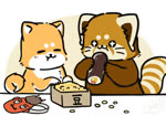 biped brown_body brown_fur chibi dot_eyes duo eating ehomaki eyes_closed food fur kemono makizushi mask sushi white_body white_fur shi_nominmin setsubun ailurid canid canine canis domestic_dog mammal red_panda 2021 animated no_sound short_playtime webm