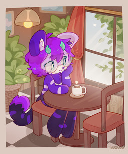 :3 anthro bangs beverage black_body black_fur cafe chair chibi coffee coffee_mug container cup eyewear eyewear_only fur furniture glasses glasses_only green_eyes green_horn hair horn inner_ear_fluff inside leaf male markings mug nude on_chair plant purple_body purple_fur purple_hair purple_nose round_glasses round_table sitting sitting_on_chair small_horn smile solo table tail tuft wearing_glasses white_markings window louloous domestic_cat felid feline felis mammal 5:6 absurd_res hi_res