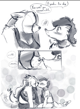 anthro blush breasts clothed clothing covered_eyes dialogue eye_contact female hair kiss_on_lips kissing looking_at_another male steamy_breath tail tail_motion tailwag text ravid_anml nora_seulis_(ravid_anml) tobias_hecaucatl_(ravid_anml) american_opossum canid canine canis mammal marsupial wolf absurd_res comic english_text hi_res monochrome sketch