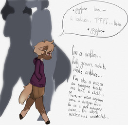 ambiguous_anthro ambiguous_gender anthro black_hooves bodily_fluids bottomwear brown_body brown_bottomwear brown_clothing brown_fur brown_hair brown_shorts brown_tail clothed clothed_anthro clothing crying dialogue ears_down eyelashes freckled_face freckles fur group hair hand_in_pocket hoodie hooves pink_eyes pivoted_ears pockets purple_clothing purple_hoodie purple_topwear sad shorts side_view size_difference speech_bubble stated_adult stated_age tail tears text topwear trio walking young young_ambiguous young_anthro lemoncurds fluffy_pony fluffy_pony_(species) mammal microfluff 2021 digital_media_(artwork) english_description english_text hi_res shaded adult_(lore)