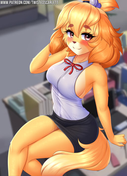 anthro blurred_background blush book breasts clothed clothed_anthro clothed_female clothing computer daww electronics eyelashes female female_anthro hand_behind_head laptop looking_at_viewer sitting smile solo text twistedscarlett60 animal_crossing cc-by-nc creative_commons nintendo isabelle_(animal_crossing) canid canine canis domestic_dog mammal shih_tzu toy_dog 2020 digital_media_(artwork) hi_res url